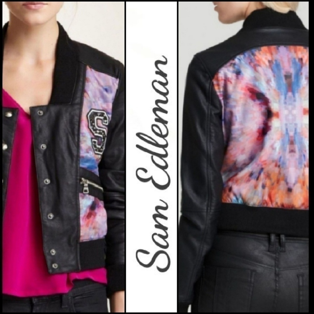 NEW! SAM EDELMAN Pixie Print Faux Leather Bomber Jacket Small.